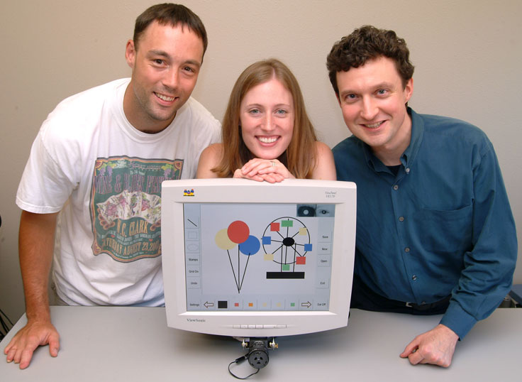 Three smiling researchers and an eye tracker