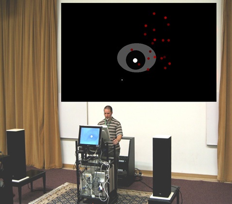 Troy Rogers standing in an performance room, flanked by stereo speakers, with a set of electronic equipment in front of him.