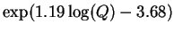 $\displaystyle \exp( 1.19 \log(Q) -3.68)$