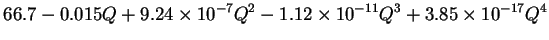 $\displaystyle 66.7 -0.015 Q + 9.24 \times 10^{-7}Q^2 -1.12 \times 10^{-11} Q^3
+ 3.85 \times 10^{-17} Q^4$